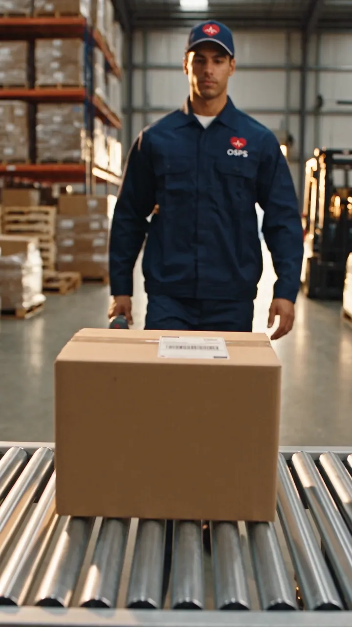 OSPS warehouse operator sending a packed order down the dispatch line