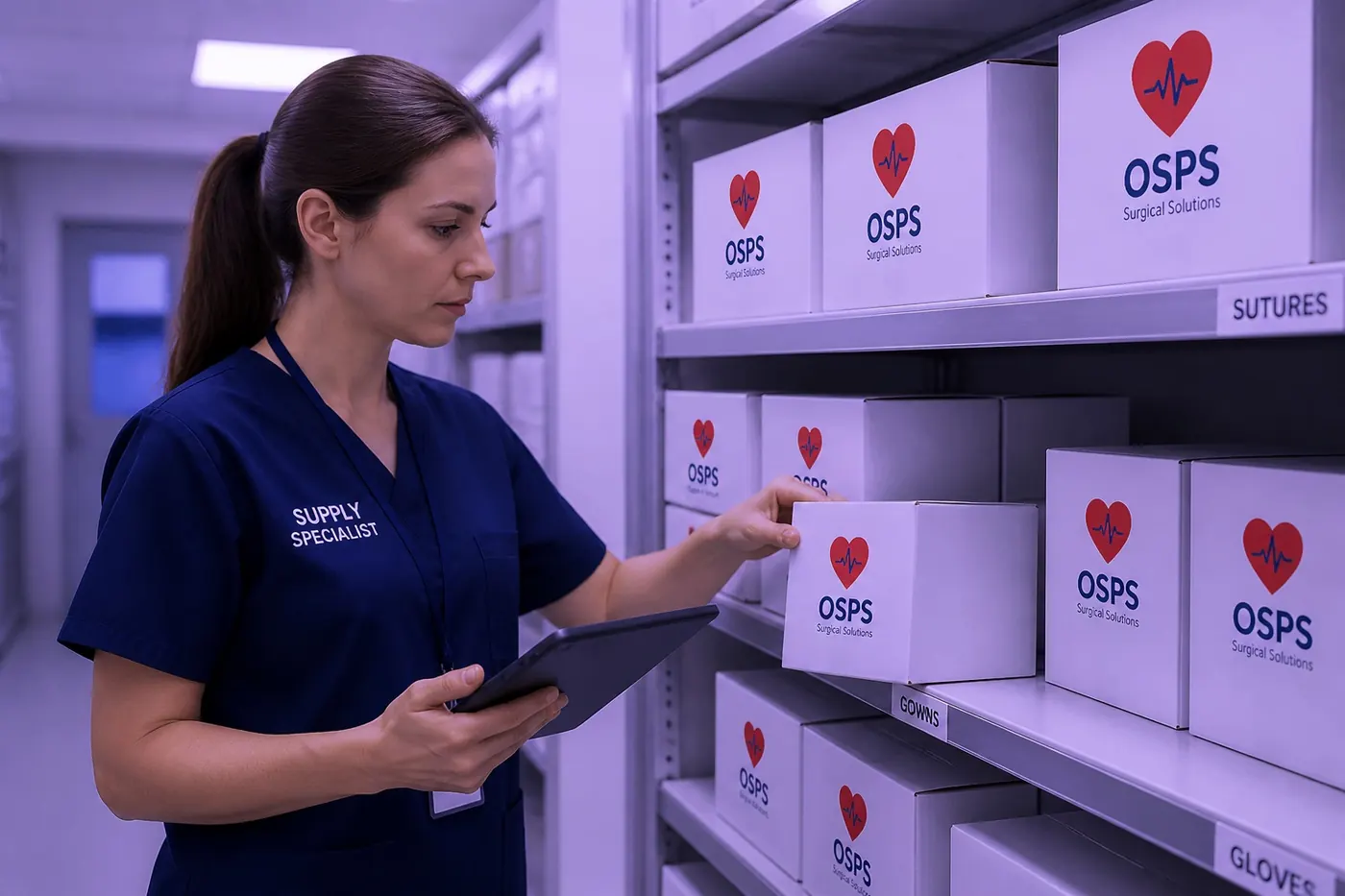 OSPS supply specialist checking branded surgical and pharmaceutical stock on storeroom shelves