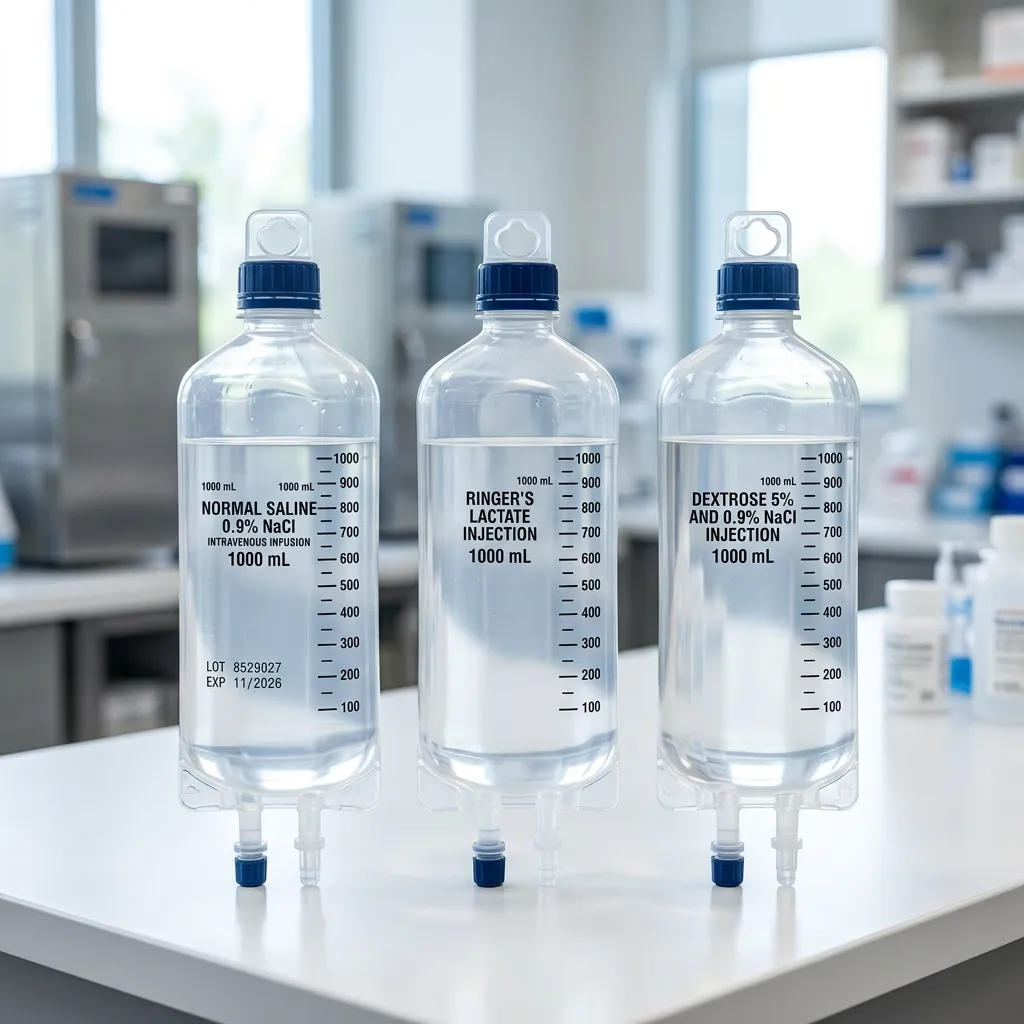 Hospital IV fluids and electrolyte infusions including Normal Saline, Ringer Lactate and Dextrose bottles